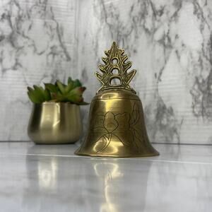 Antique Asian Top Handle Etched Brass Bell
